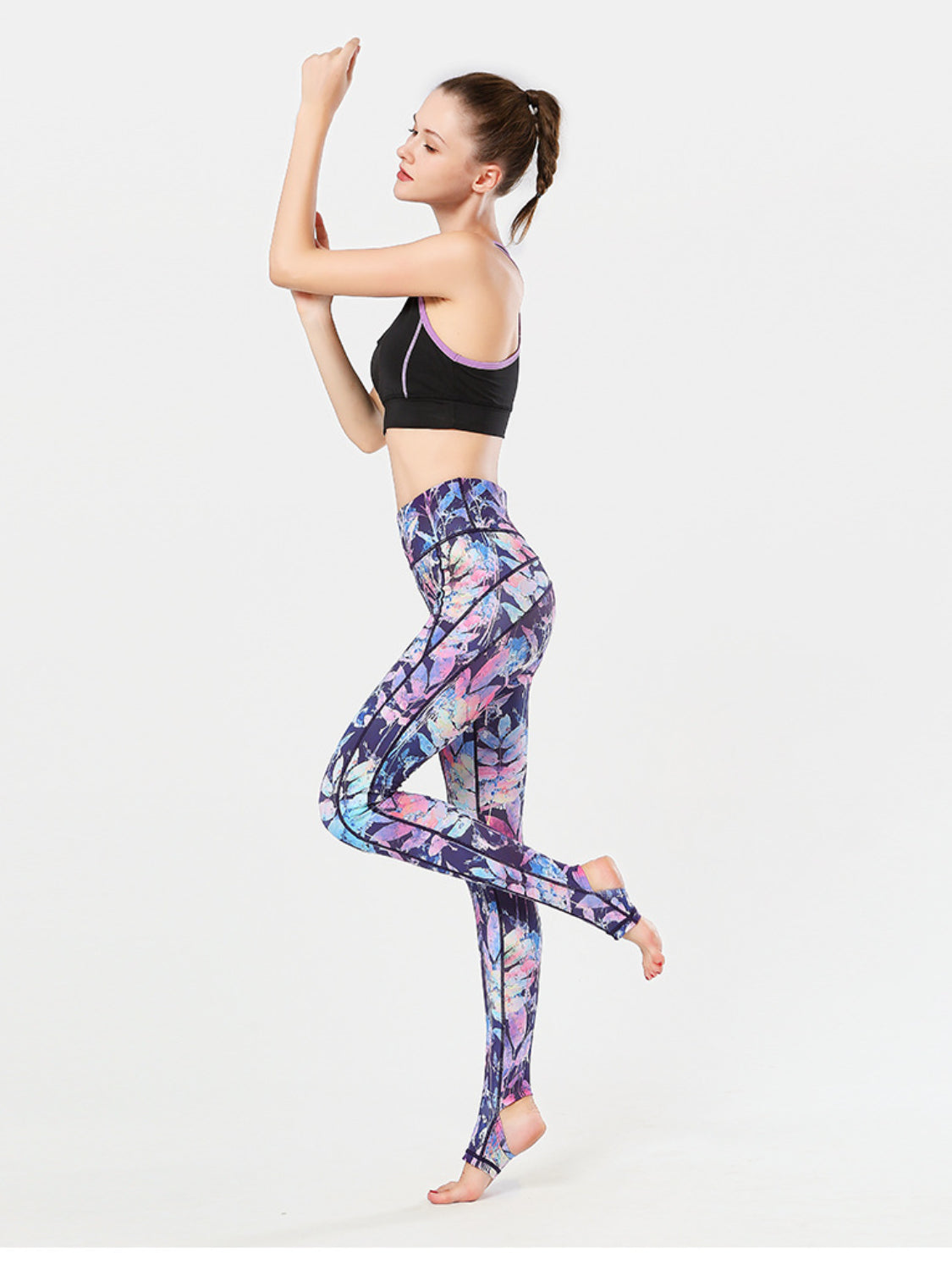 Printed Wide Waistband Active Leggings with Stirrups - MyEmpired