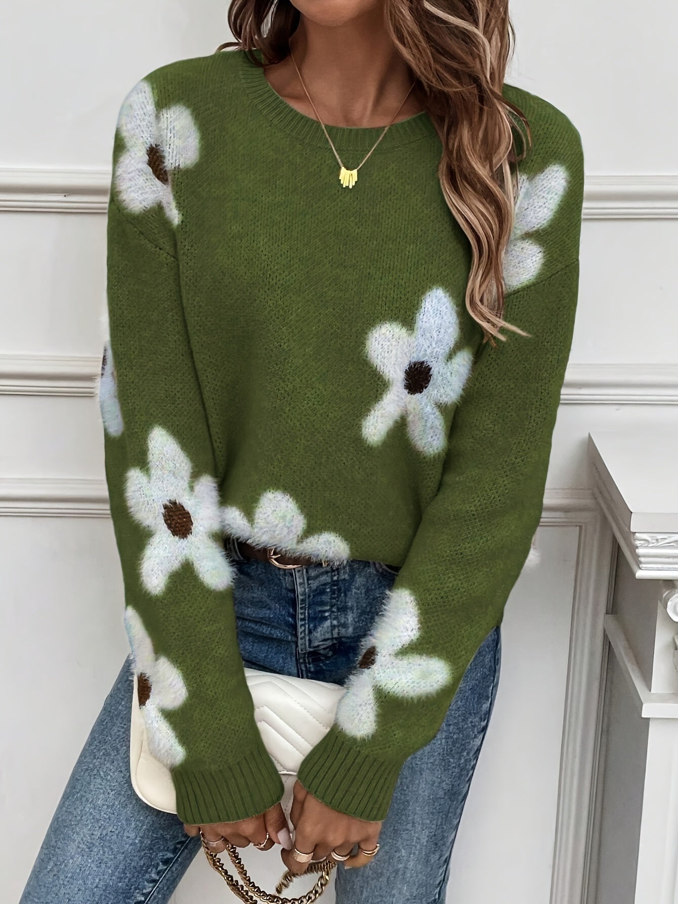 Floral Pattern Crew Neck Sweater, Casual Long Sleeve Sweater For Fall & Winter, Women&