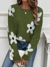 Floral Pattern Crew Neck Sweater, Casual Long Sleeve Sweater For Fall & Winter, Women&
