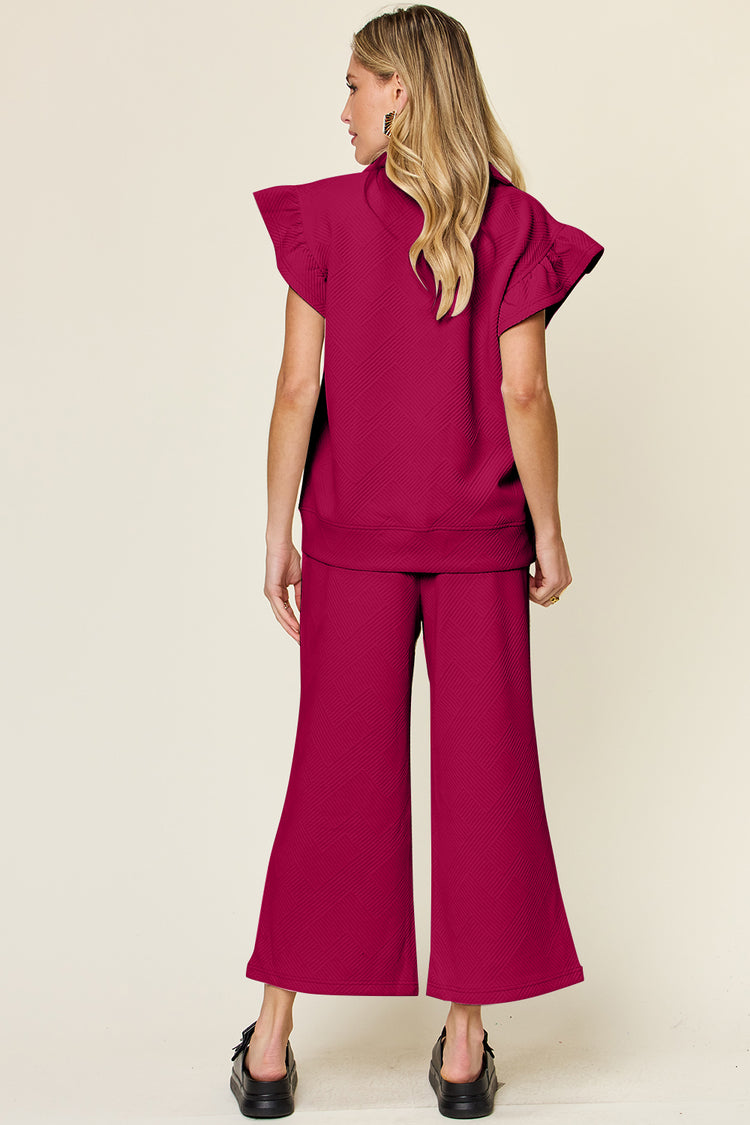 Double Take Texture Ruffle Short Sleeve Top and Drawstring Wide Leg Pants Set - MyEmpired