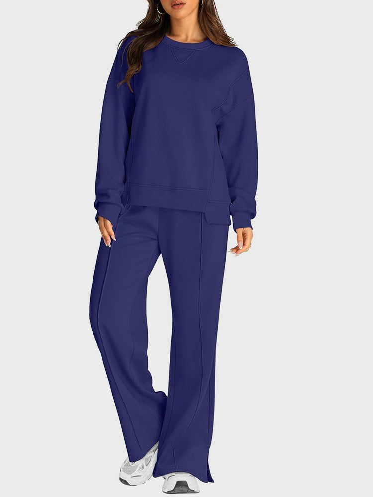 Round Neck Long Sleeve Top and Slit Pants Set - MyEmpired