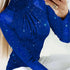 Shiny Contrast Mesh Slim T-shirt, Elegant Mock Neck Long Sleeve Top, Women&