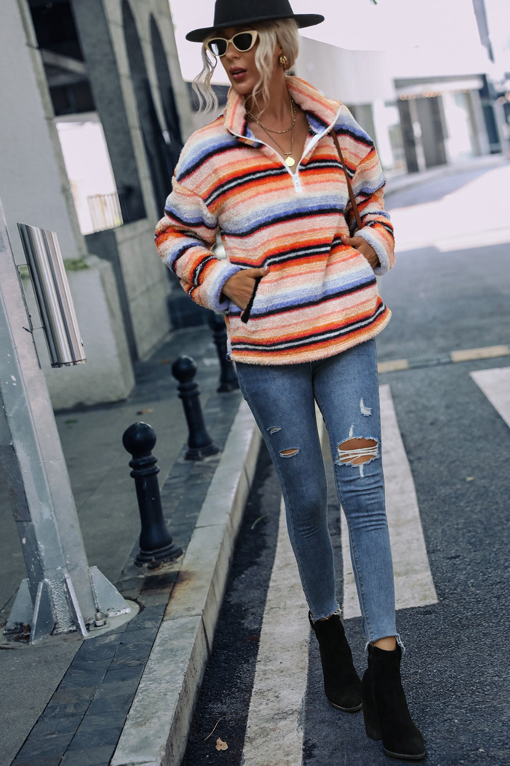 Striped Quarter Zip Dropped Shoulder Sweatshirt - MyEmpired