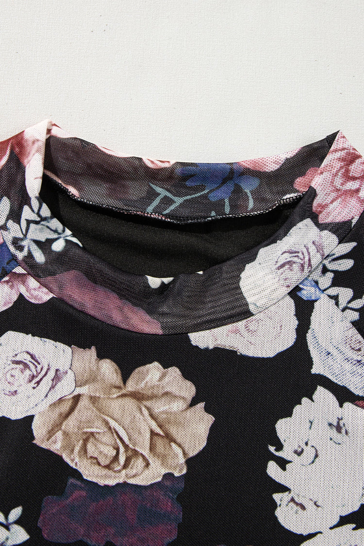 Floral Mock Neck Long Sleeve Mesh Top - MyEmpired