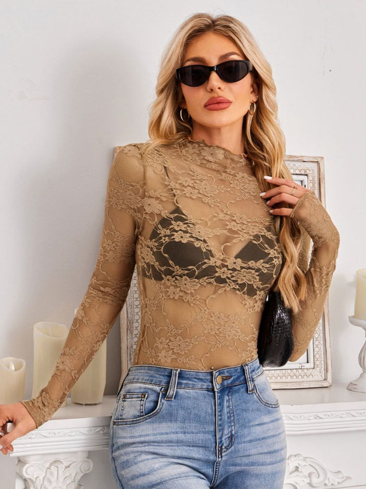 Mock Neck Long Sleeve Lace Sheer Top - MyEmpired