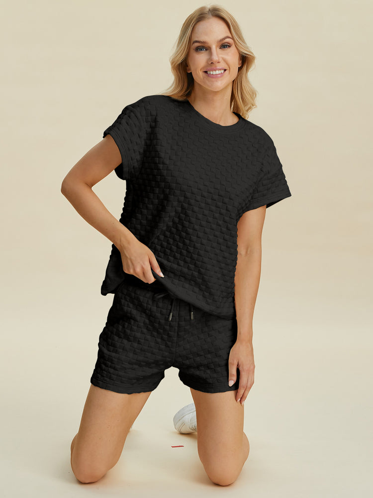 Double Take Full Size Texture T-Shirt and Shorts Set - MyEmpired