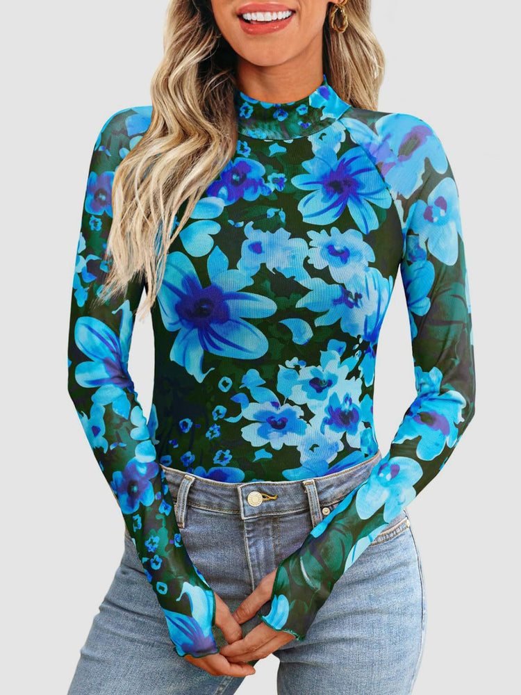 Floral Mock Neck Long Sleeve T-Shirt - MyEmpired