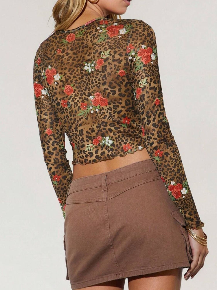 Leopard Floral Round Neck Long Sleeve Mesh T-Shirt - MyEmpired