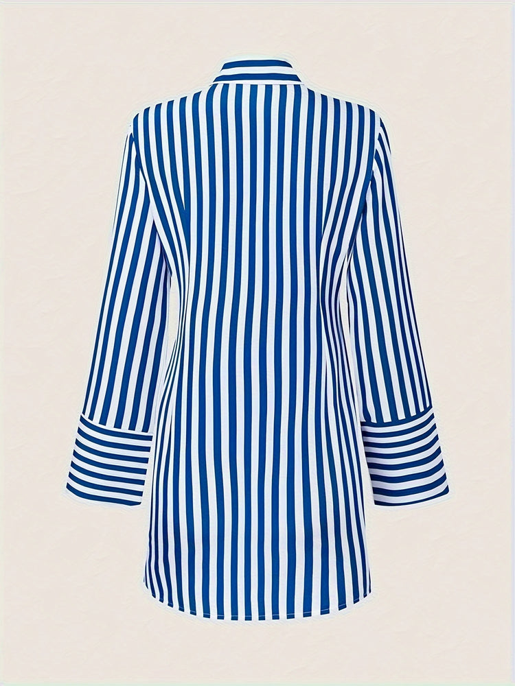 Chic Striped Shirt Dress with Side Pockets - MyEmpired