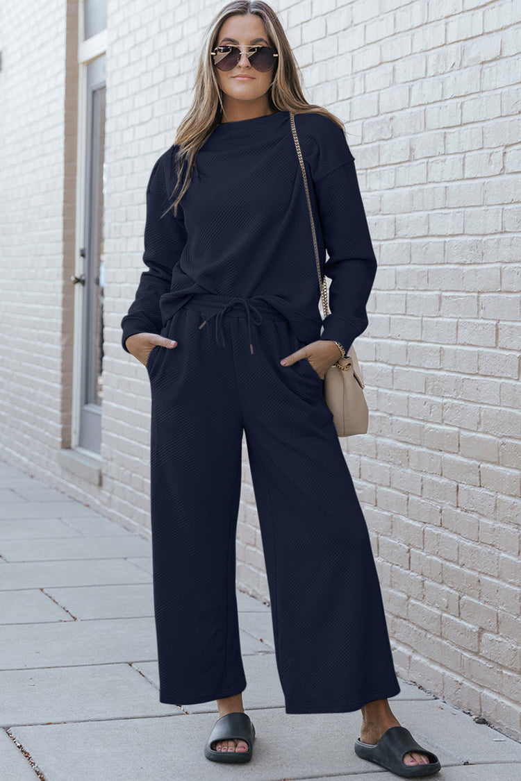 Double Take Full Size Textured Long Sleeve Top and Drawstring Pants Set - MyEmpired