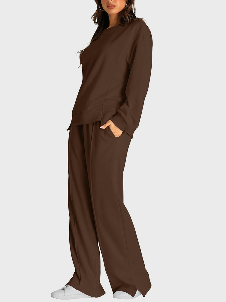 Round Neck Long Sleeve Top and Slit Pants Set - MyEmpired