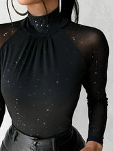 Elegant Starry Sky Sequin Embellished High Neck Sheer Mesh,Skinny Fit Long Sleeve Knit Polyester Top - All Season Elegant Collection - MyEmpired