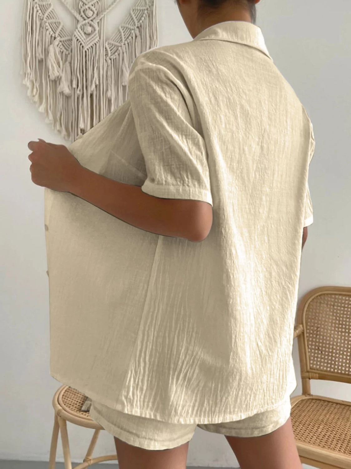 Button Up Short Sleeve Shirt and Drawstring Shorts Set - MyEmpired