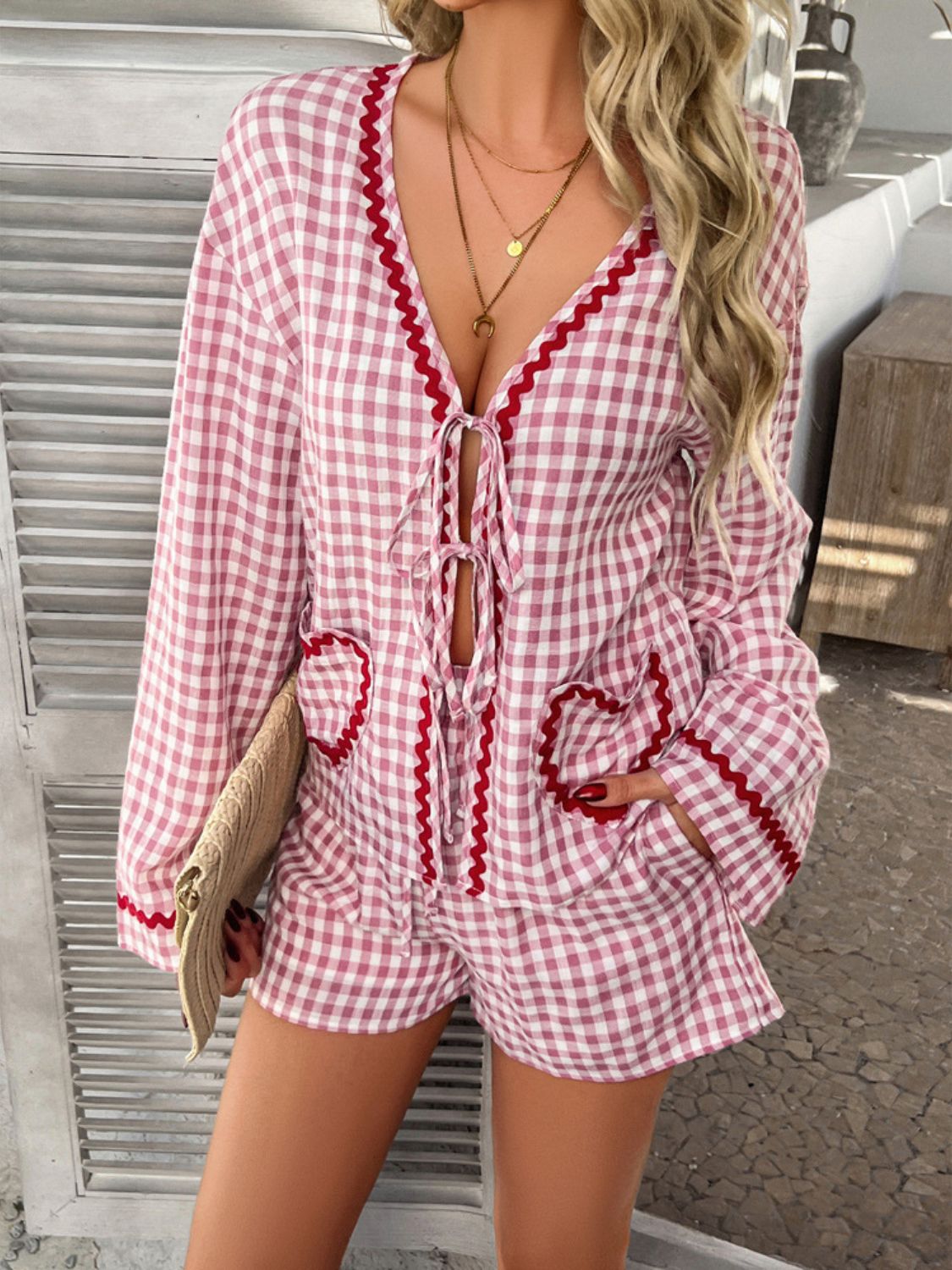 Devine Tie Front Contrast Plaid Shirt and Shorts Set - MyEmpired