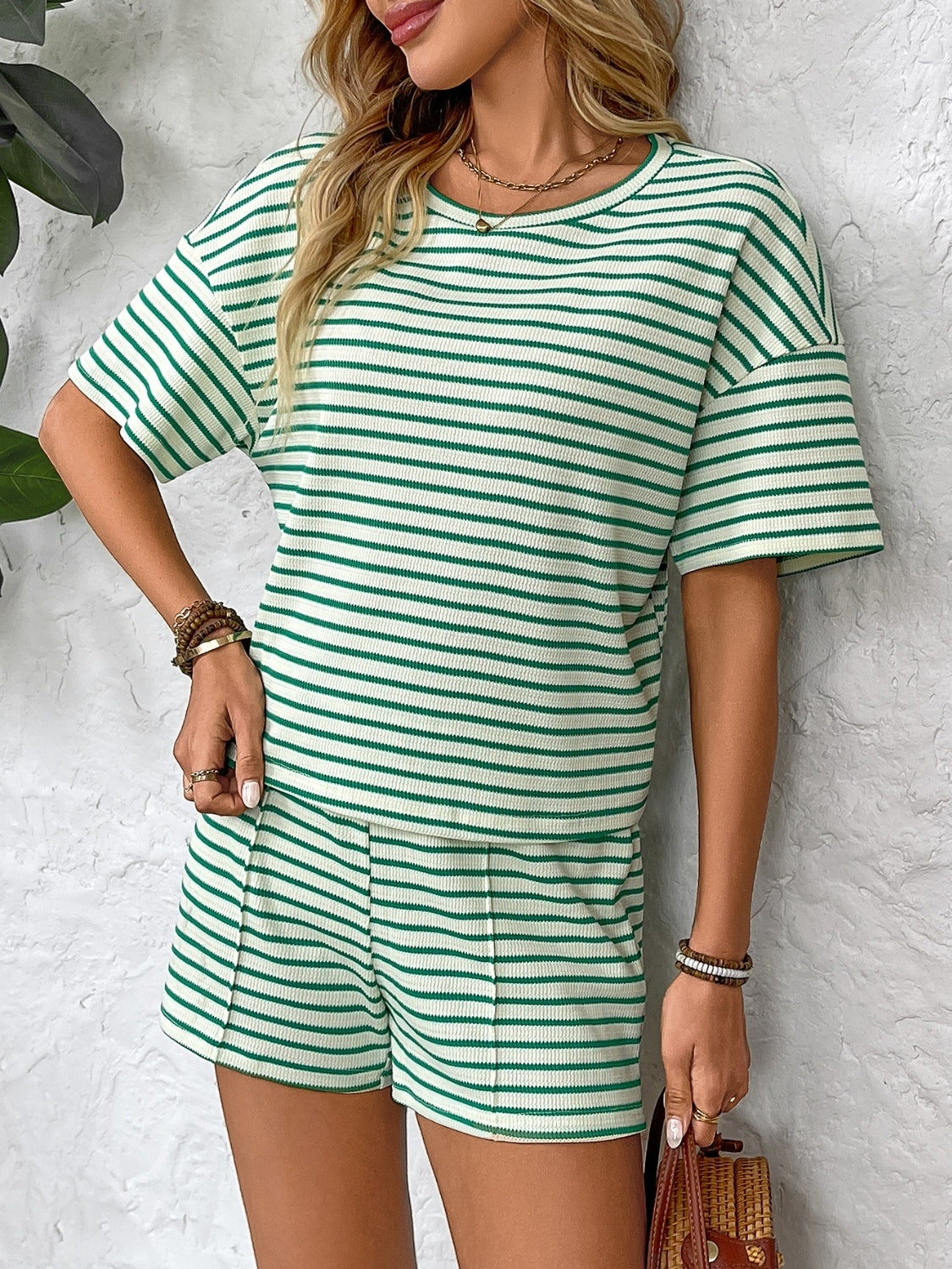 Striped Round Neck Short Sleeve Top and Shorts Set - MyEmpired