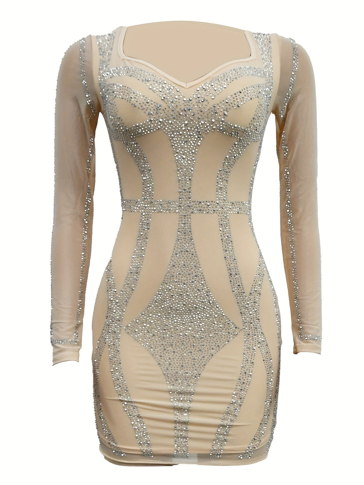 Rhinestone Sweetheart Neck Bodycon Dress, Sexy Mesh Long Sleeve Dress For Spring & Summer, Women&