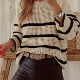 Striped Crew Neck Sweater, Elegant Waffle Knit Long Sleeve Sweater For Fall & Winter, Women&
