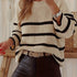 Striped Crew Neck Sweater, Elegant Waffle Knit Long Sleeve Sweater For Fall & Winter, Women&