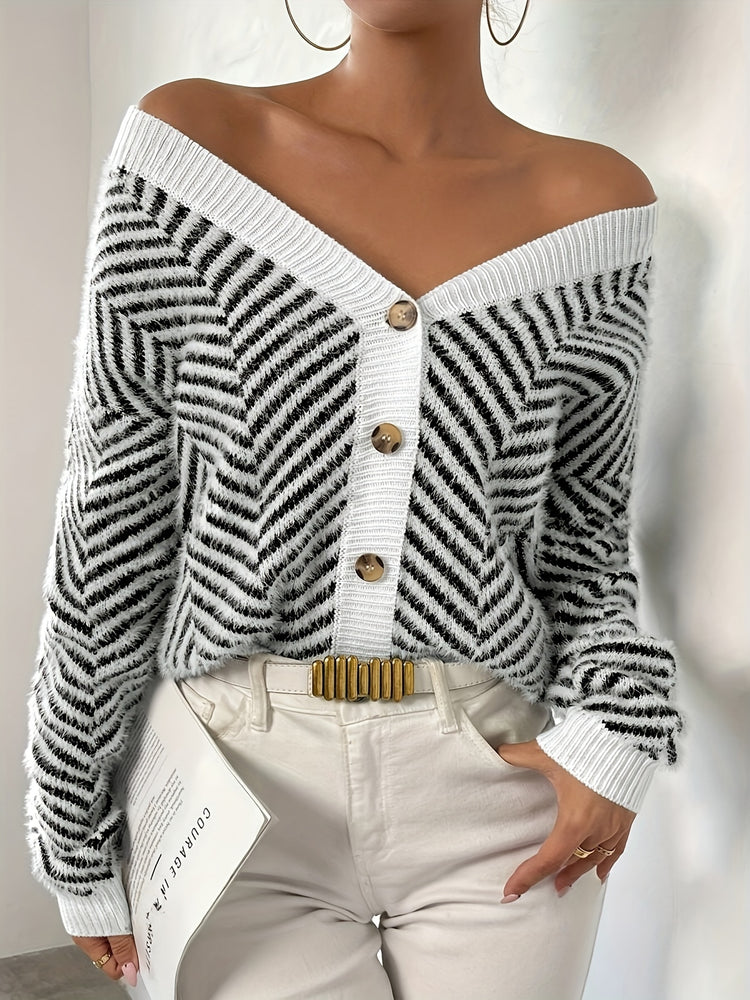 Elegant Geometric Pattern V-Neck Cardigan - Button Front, Long Sleeve Knit Sweater for Women, Perfect for Fall & Winter - MyEmpired