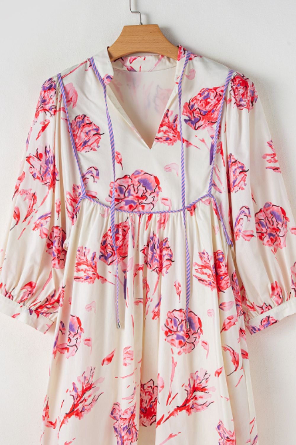 Tied Flower Printed Three-Quarter Sleeve Dress - MyEmpired