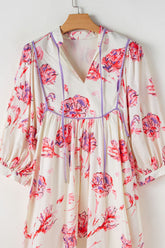 Tied Flower Printed Three-Quarter Sleeve Dress - MyEmpired