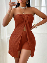 Elegant Textured Solid Two Piece Set, Split Ruched Tube Top & High Waist Skinny Shorts Outfits, Women&
