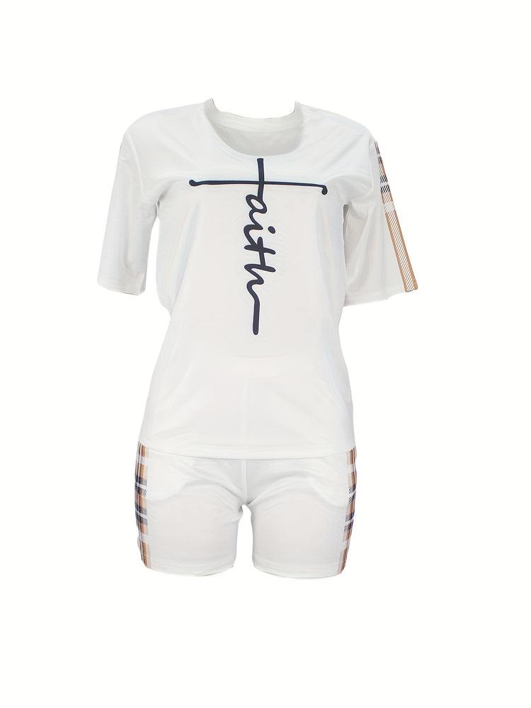 Plaid Print Splicing Two-piece Set, Faith Print Short Sleeve Tops & Pocket Workout Shorts Outfits, Women&