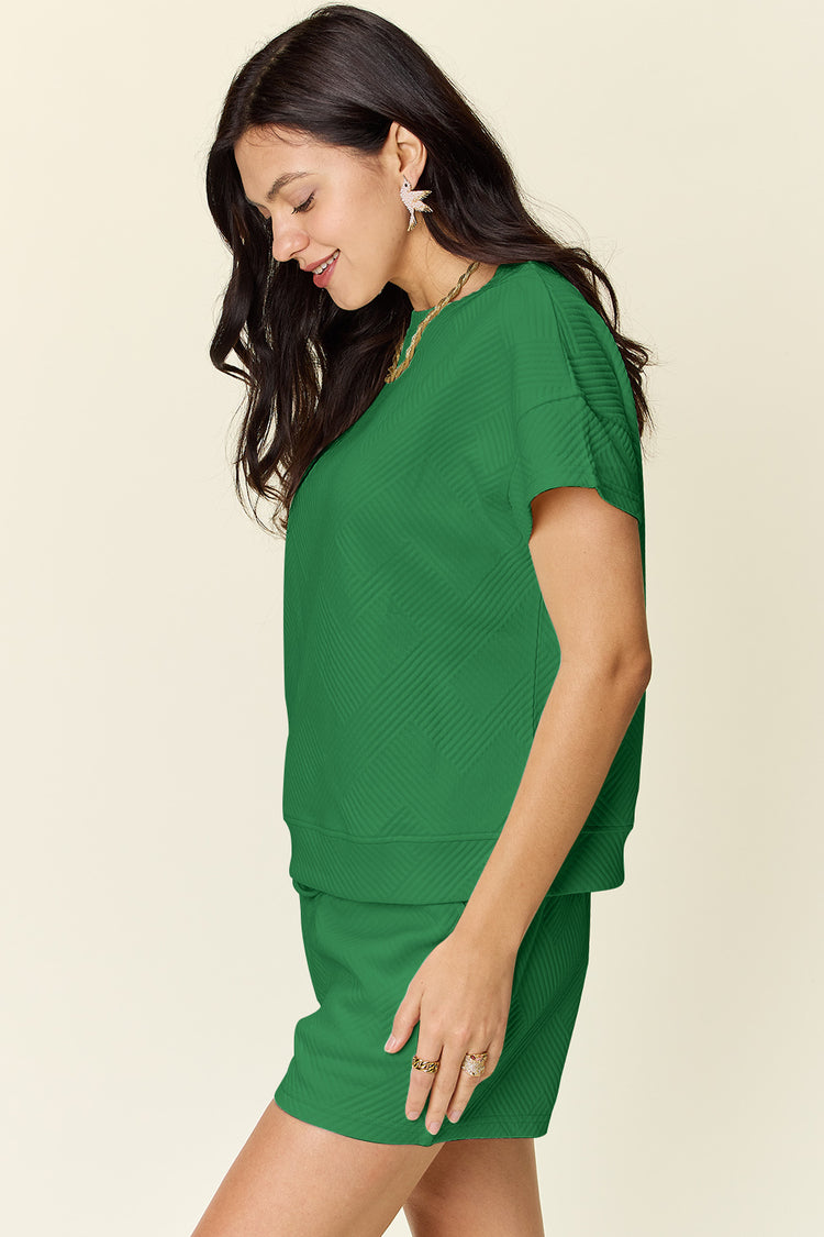 Double Take Full Size Texture Short Sleeve T-Shirt and Drawstring Shorts Set - MyEmpired