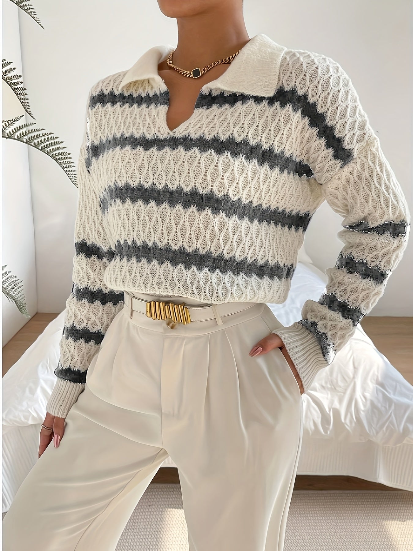 Striped Cable Knit Sweater, Elegant Collared Long Sleeve Drop Shoulder Sweater For Fall & Winter, Women&