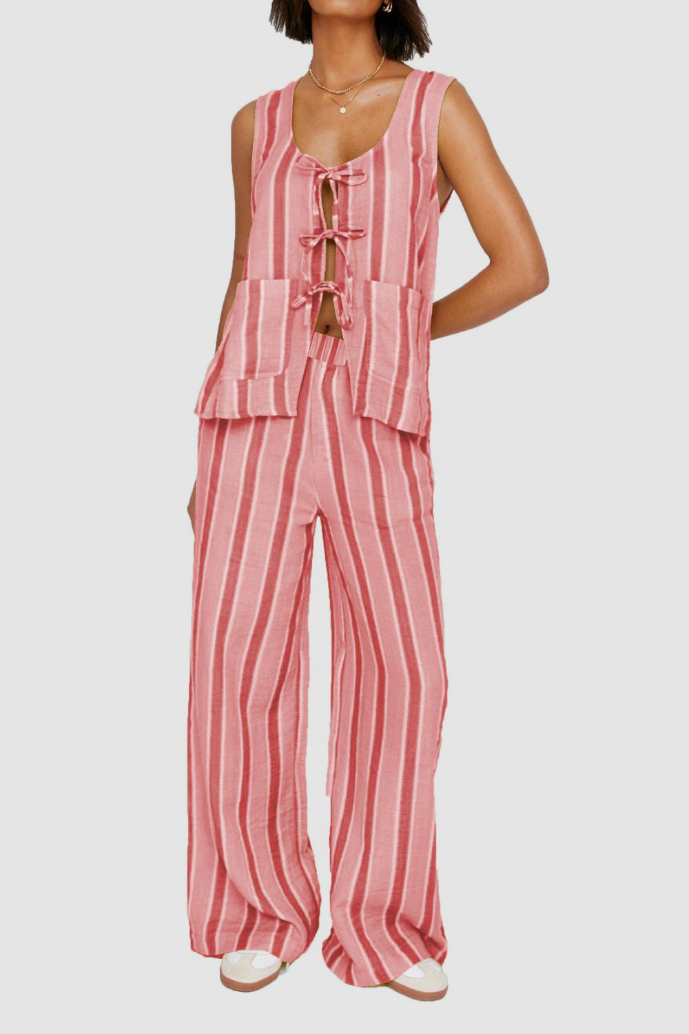 Tied Front Striped Top and Pants Set - MyEmpired
