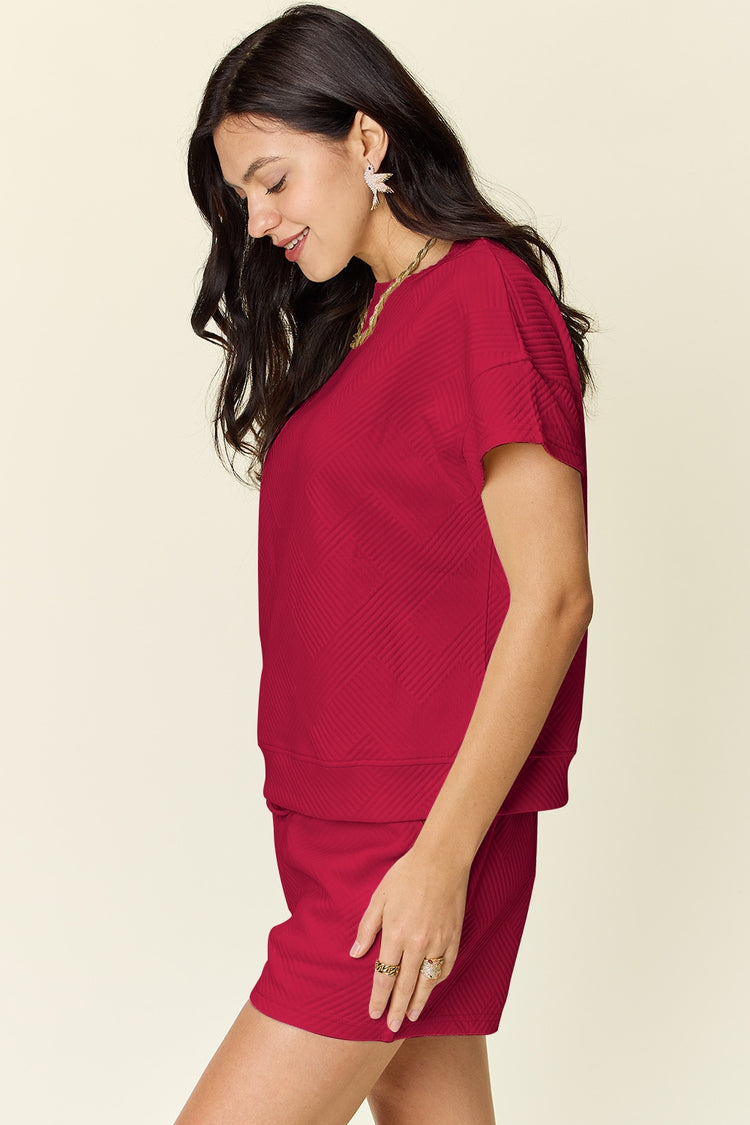 Double Take Full Size Texture Short Sleeve T-Shirt and Drawstring Shorts Set - MyEmpired