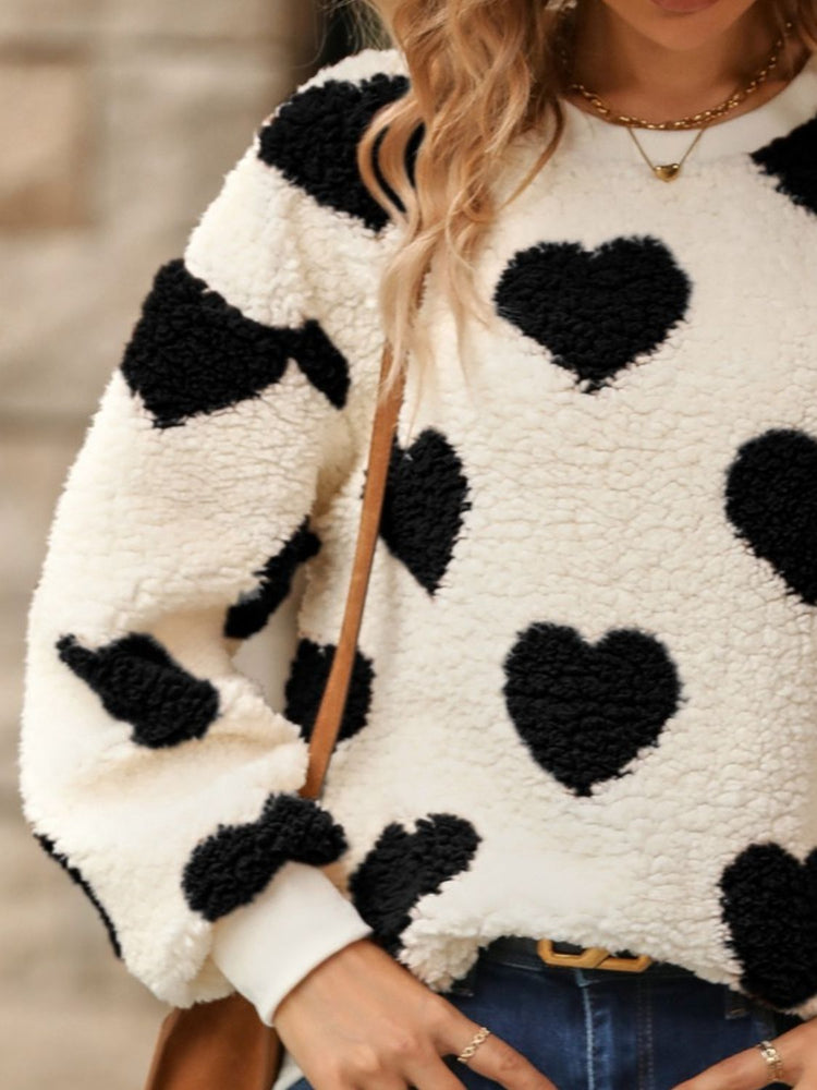 Fuzzy Heart Dropped Shoulder Sweatshirt - MyEmpired
