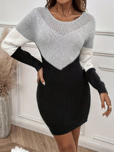 Elegant Color Block Sweater Dress for Women - Crew Neck, Geometric Knit Pattern, Long Sleeve, Polyester Knit Fabric, H Contour - Chic Knitted Pullover Dress - MyEmpired