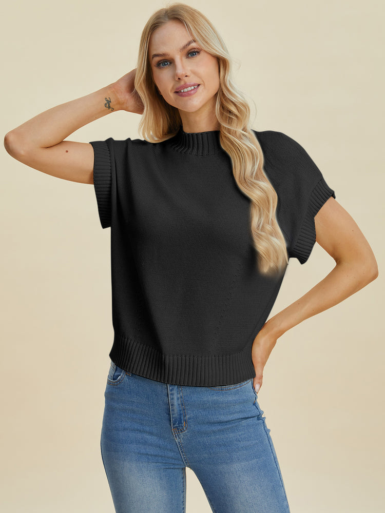 Double Take Full Size Mock Neck Short Sleeve Sweater - MyEmpired