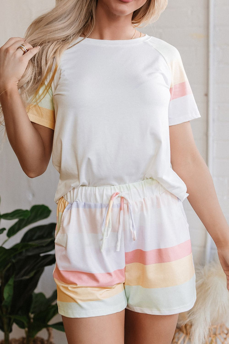 Rainbow Striped Round Neck T Shirt and Shorts Lounge Set - MyEmpired