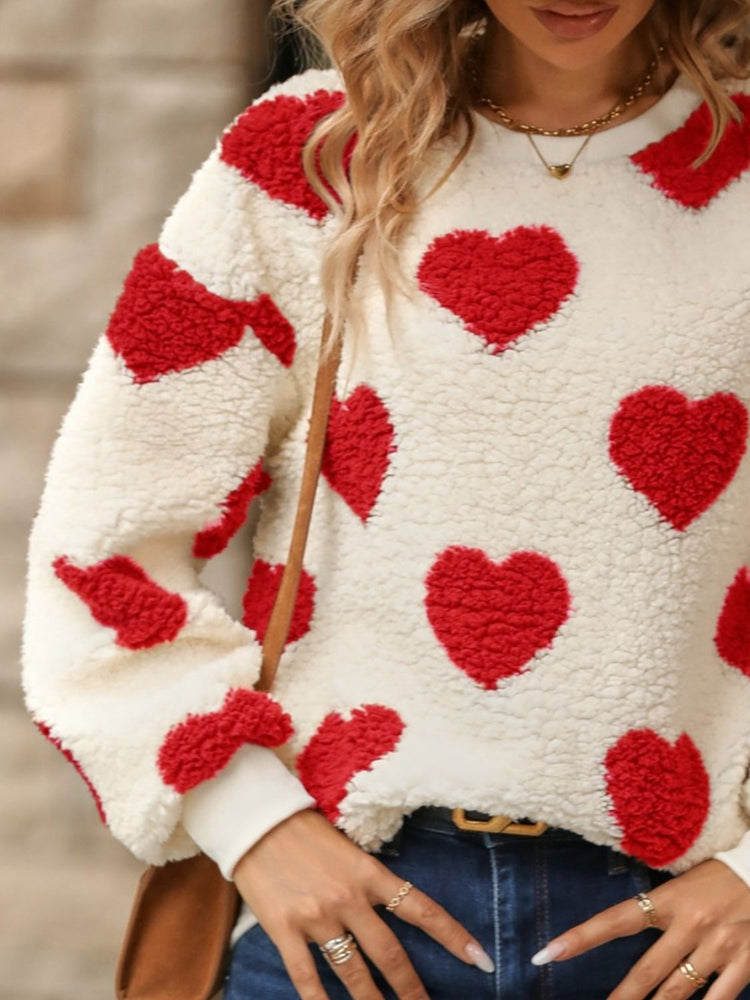 Fuzzy Heart Dropped Shoulder Sweatshirt - MyEmpired