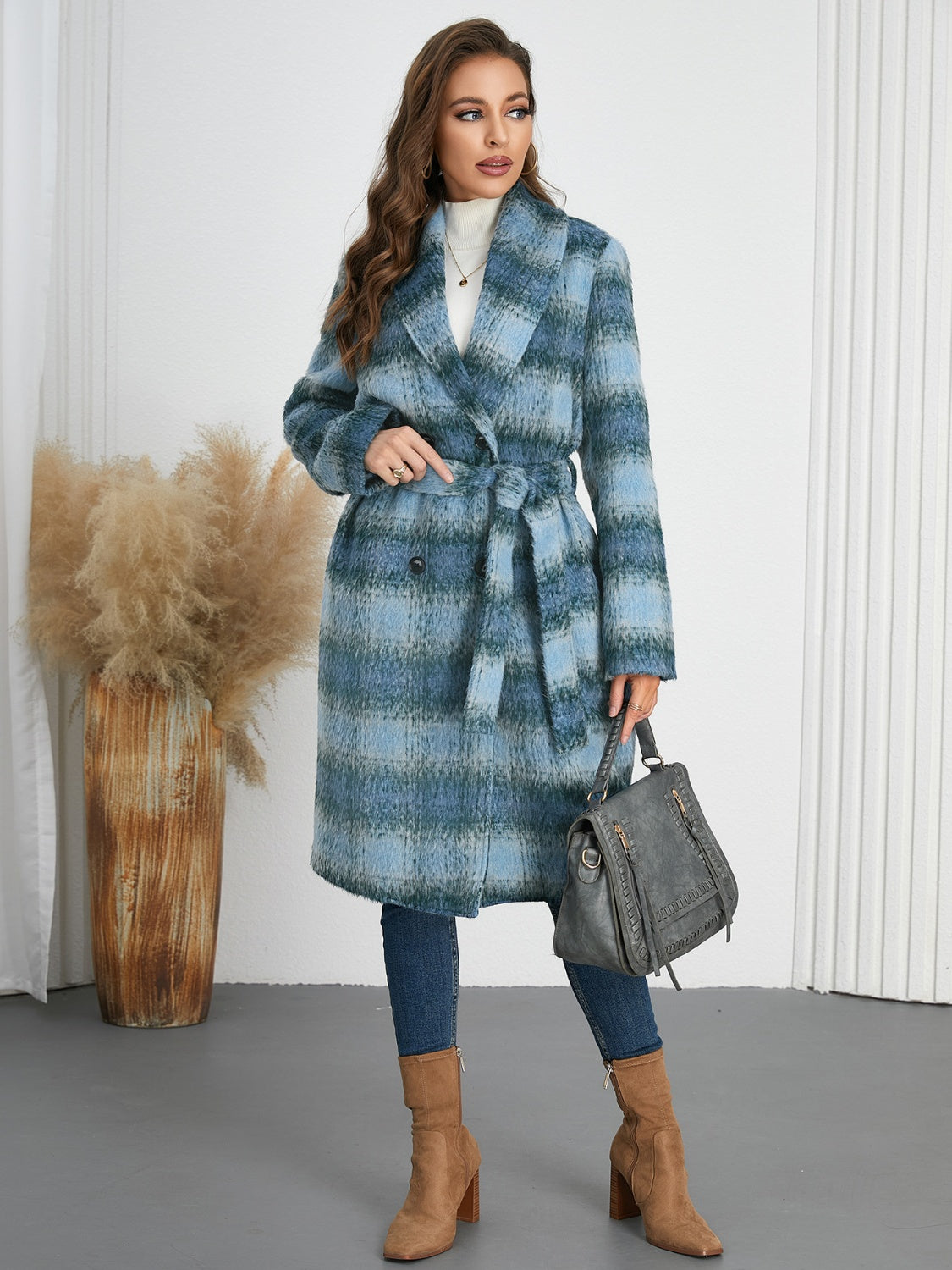 Plaid Tie Waist Long Sleeve Coat - MyEmpired