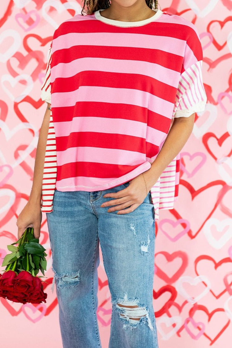 Stripe Side Slit Round Neck T-Shirt - MyEmpired