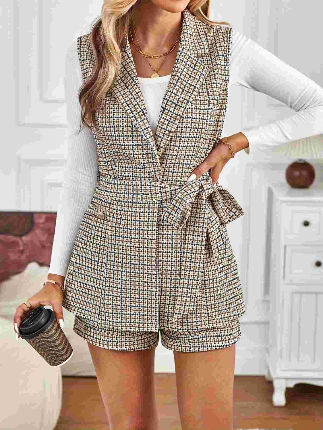 Tied Plaid Collared Neck Vest and Shorts Set - MyEmpired