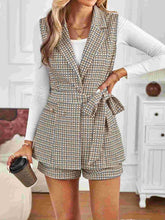 Tied Plaid Collared Neck Vest and Shorts Set - MyEmpired