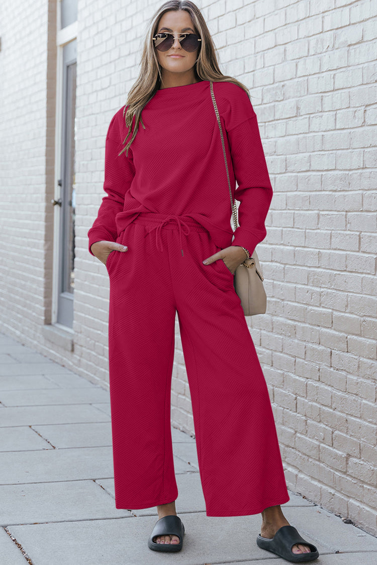 Double Take Full Size Textured Long Sleeve Top and Drawstring Pants Set - MyEmpired