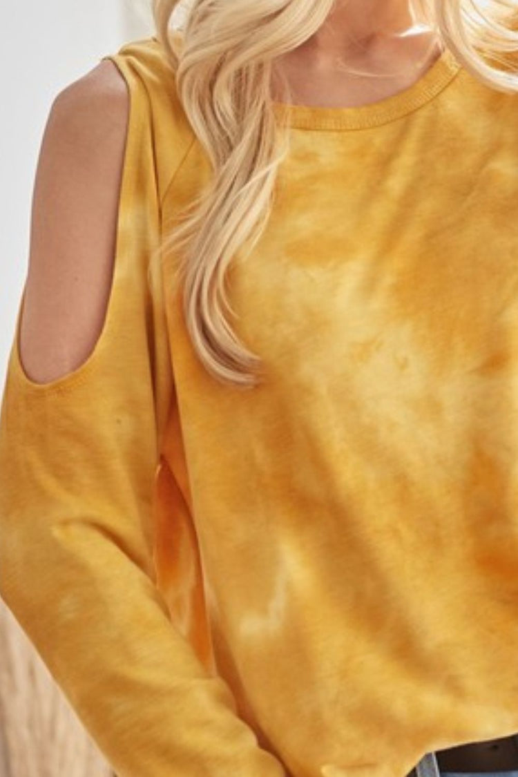 BiBi Tie-Dye French Terry Round Neck Cold Shoulder T-Shirt - MyEmpired