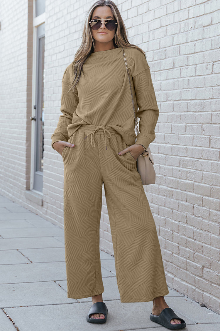 Double Take Full Size Textured Long Sleeve Top and Drawstring Pants Set - MyEmpired