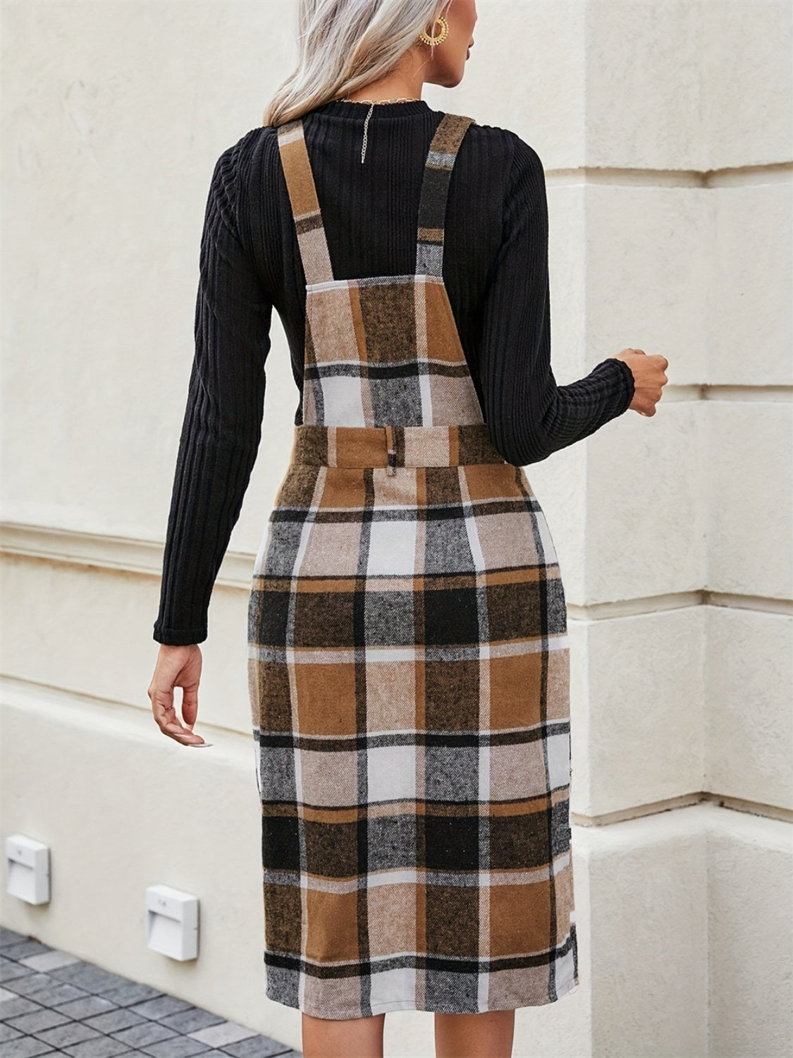 Slit Plaid Wide Strap Overall Dress - MyEmpired