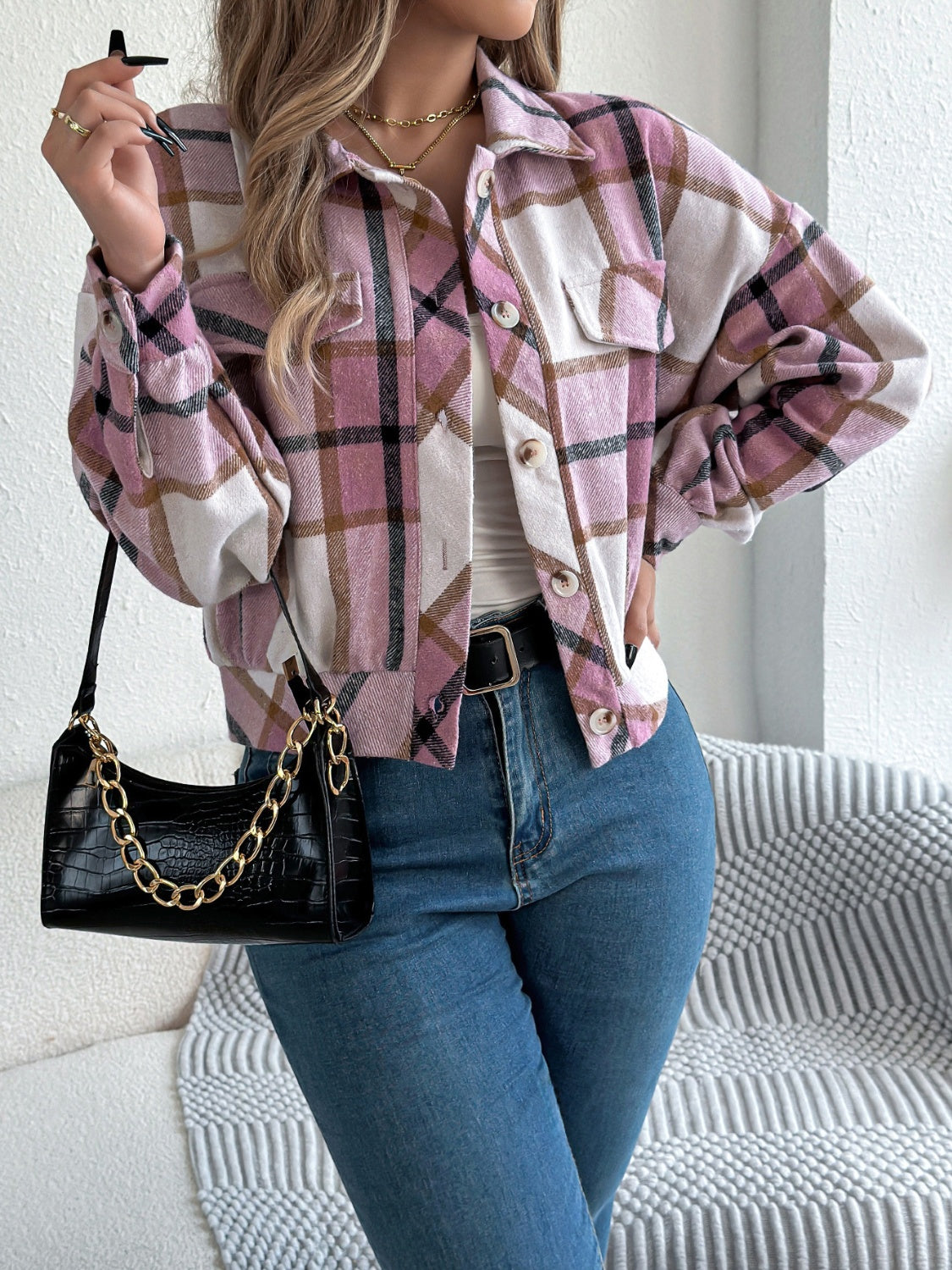 Plaid Button Up Long Sleeve Jacket - MyEmpired