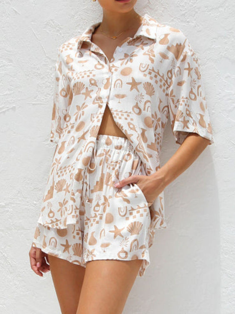 Printed Button Down Short Sleeve Top and Shorts Set - MyEmpired