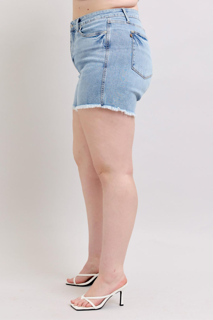 Judy Blue Full Size Tummy Control Raw Hem Denim Shorts Plus Size - MyEmpired