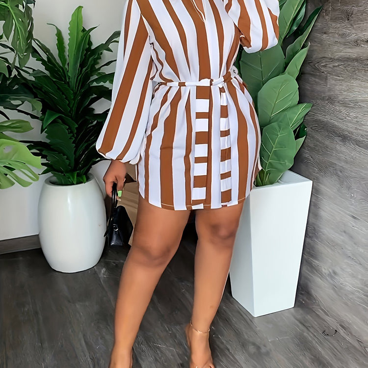 Striped Print Lantern Sleeve Dress, Casual Tie-waist Notch Neck Dress, Women&