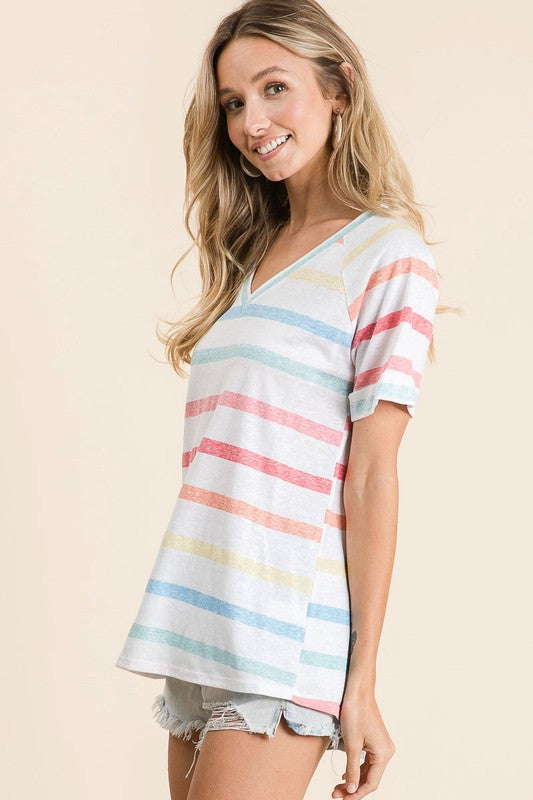 BiBi Striped V-Neck Short Sleeve T-Shirt - MyEmpired