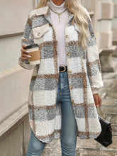 Plaid Pattern Button Front Fuzzy Jacket, Casual Thermal Long Sleeve Long Length Collar Coat For Fall & Winter, Women&